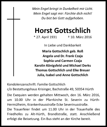 Anzeige von Horst Gottschlich von Kölner Stadt-Anzeiger / Kölnische Rundschau / Express