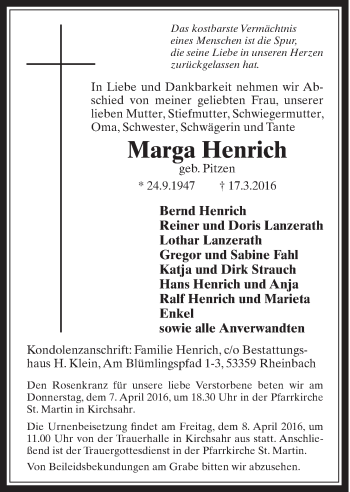 Anzeige von Marga Henrich von  Schaufenster/Blickpunkt 