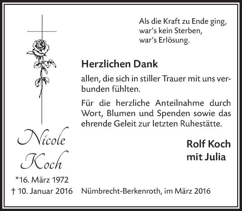  Traueranzeige für Nicole Koch vom 09.03.2016 aus  Lokalanzeiger 