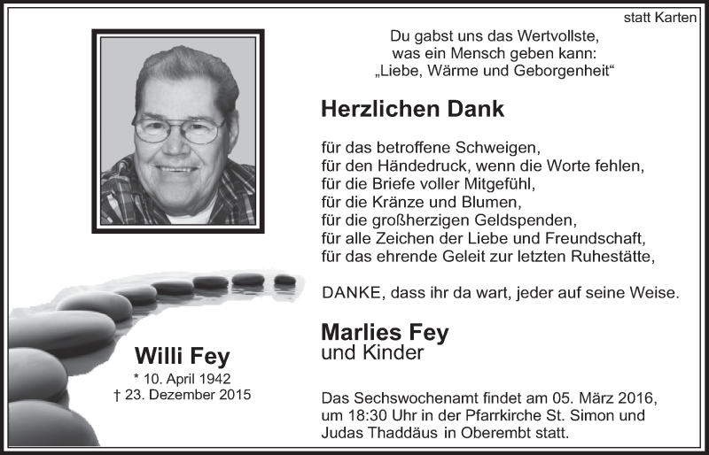  Traueranzeige für Willi Fey vom 02.03.2016 aus  Werbepost 