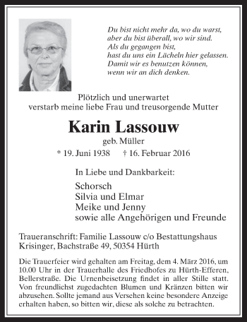 Anzeige von Karin Lassouw von  Wochenende 