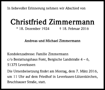 Anzeige von Christfried Zimmermann von Kölner Stadt-Anzeiger / Kölnische Rundschau / Express