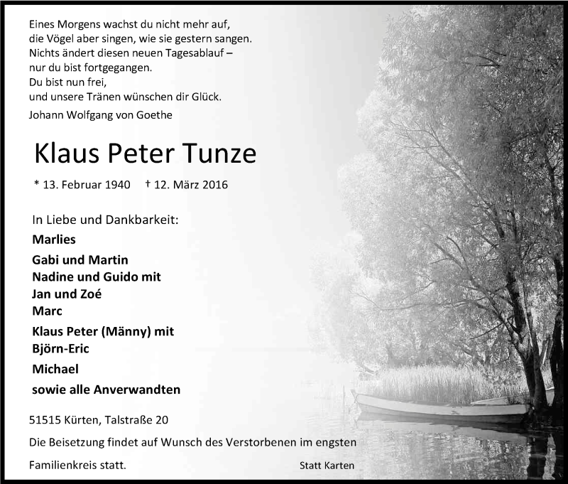  Traueranzeige für Klaus Peter Tunze vom 16.03.2016 aus Kölner Stadt-Anzeiger / Kölnische Rundschau / Express