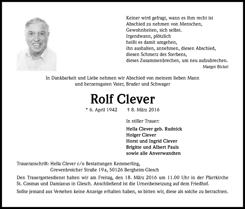  Traueranzeige für Rolf Clever vom 12.03.2016 aus Kölner Stadt-Anzeiger / Kölnische Rundschau / Express