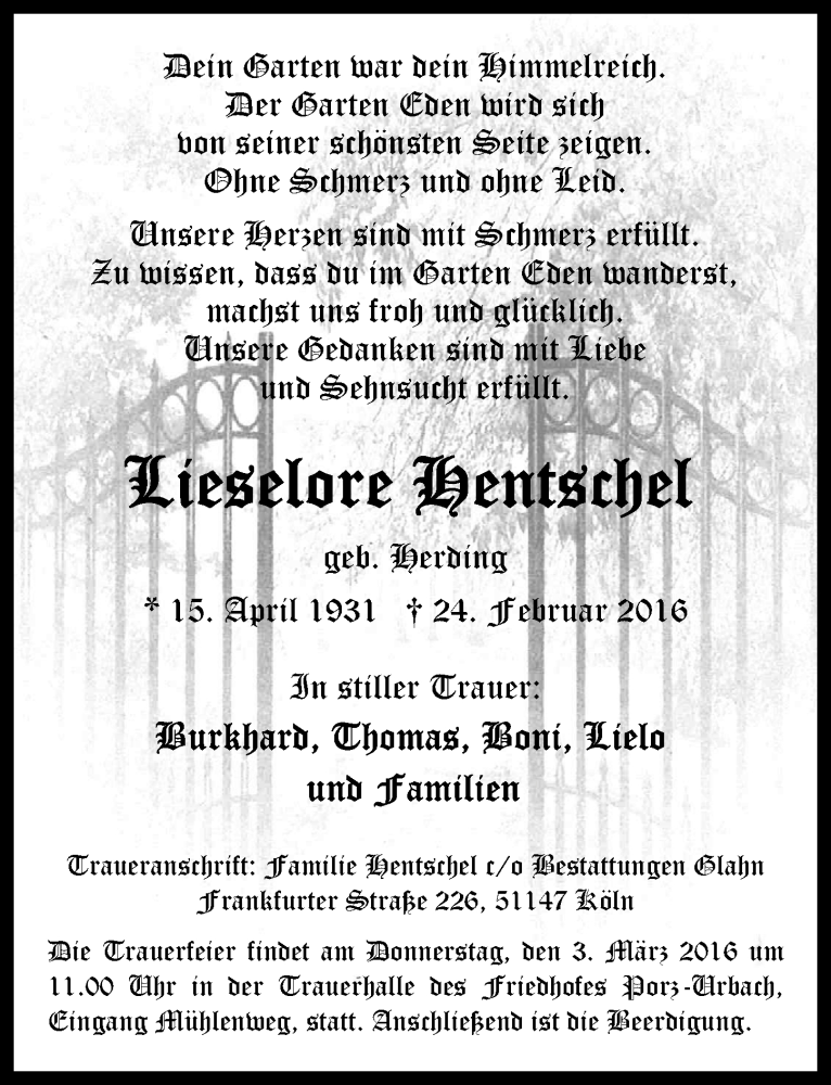  Traueranzeige für Lieselore Hentschel vom 02.03.2016 aus  Kölner Wochenspiegel 