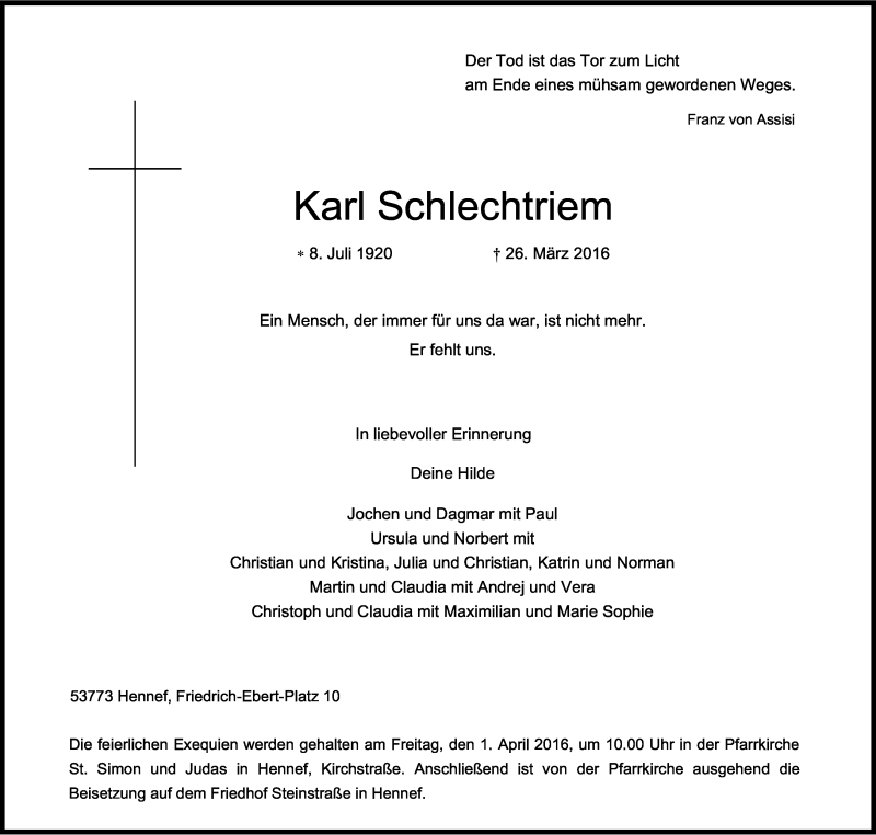  Traueranzeige für Karl Schlechtriem vom 30.03.2016 aus Kölner Stadt-Anzeiger / Kölnische Rundschau / Express
