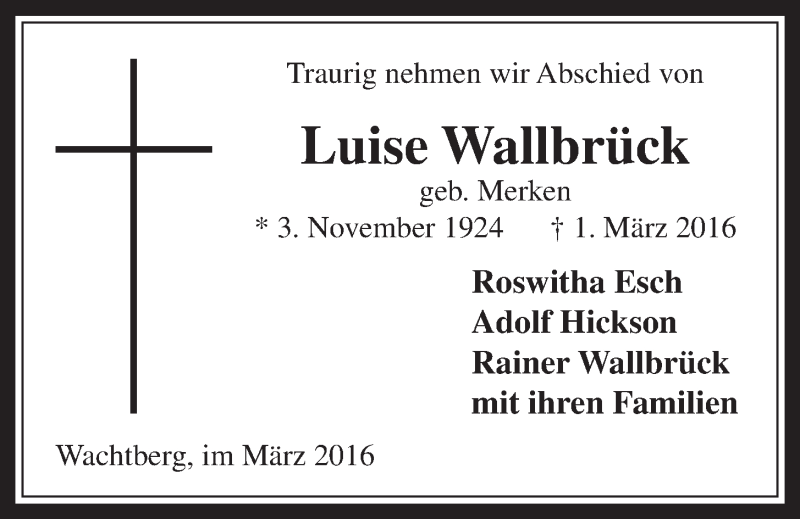  Traueranzeige für Luise Wallbrück vom 09.03.2016 aus  Schaufenster/Blickpunkt 