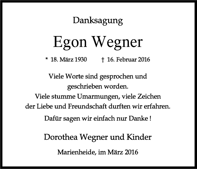  Traueranzeige für Egon Wegner vom 01.04.2016 aus Kölner Stadt-Anzeiger / Kölnische Rundschau / Express