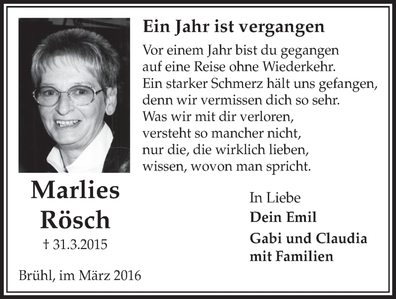  Traueranzeige für Marlies Rösch vom 30.03.2016 aus  Schlossbote/Werbekurier 