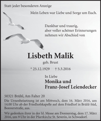 Anzeige von Lisbeth Malik von  Schlossbote/Werbekurier 