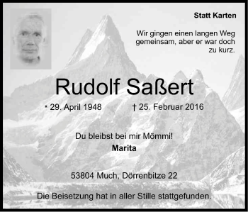 Anzeige von Rudolf Saßert von Kölner Stadt-Anzeiger / Kölnische Rundschau / Express