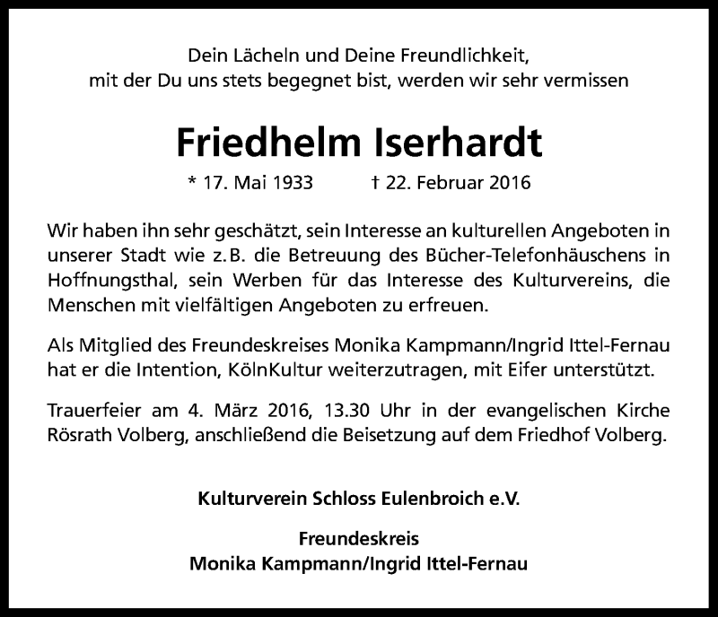  Traueranzeige für Friedhelm Iserhardt vom 02.03.2016 aus Kölner Stadt-Anzeiger / Kölnische Rundschau / Express