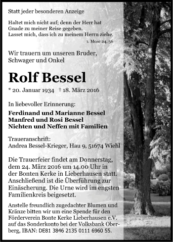 Anzeige von Rolf Bessel von Kölner Stadt-Anzeiger / Kölnische Rundschau / Express