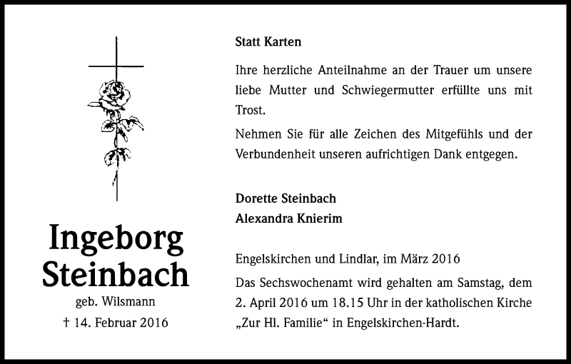  Traueranzeige für Ingeborg Steinbach vom 26.03.2016 aus Kölner Stadt-Anzeiger / Kölnische Rundschau / Express