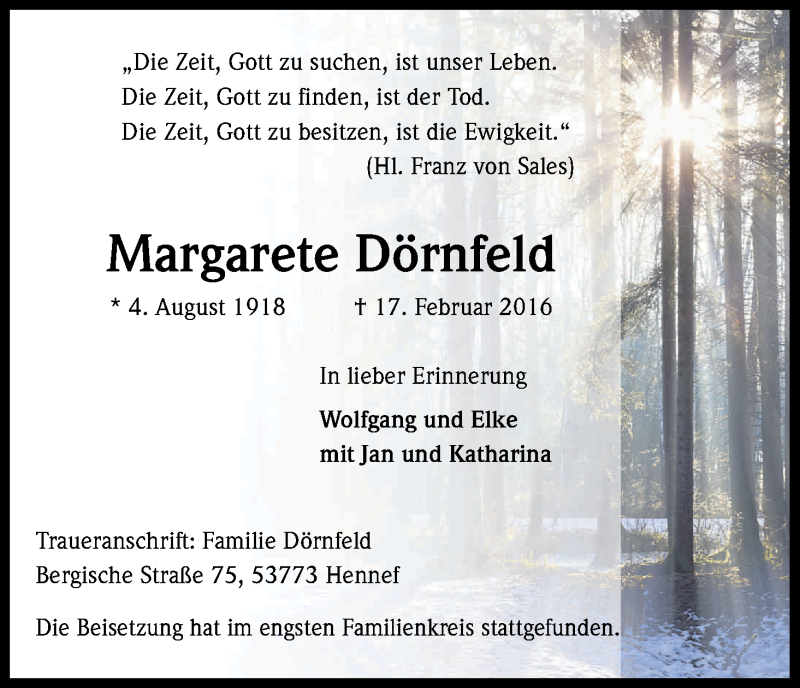  Traueranzeige für Margarete Dörnfeld vom 05.03.2016 aus Kölner Stadt-Anzeiger / Kölnische Rundschau / Express
