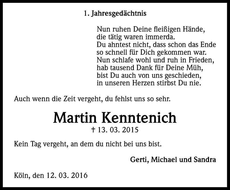  Traueranzeige für Martin Kenntenich vom 12.03.2016 aus Kölner Stadt-Anzeiger / Kölnische Rundschau / Express