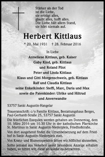 Anzeige von Herbert Kittlaus von Kölner Stadt-Anzeiger / Kölnische Rundschau / Express