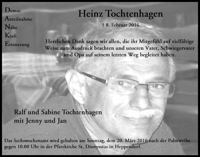  Traueranzeige für Heinz Tochtenhagen vom 12.03.2016 aus  Sonntags-Post 