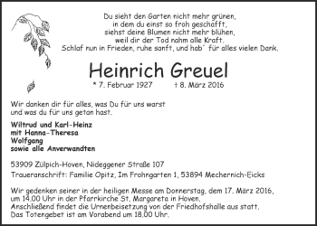 Anzeige von Heinrich Greuel von  Blickpunkt Euskirchen 
