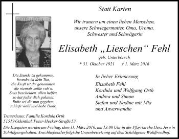 Anzeige von Elisabeth Fehl von Kölner Stadt-Anzeiger / Kölnische Rundschau / Express