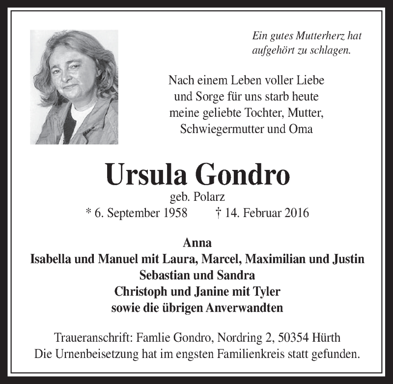  Traueranzeige für Ursula Gondro vom 09.03.2016 aus  Wochenende 