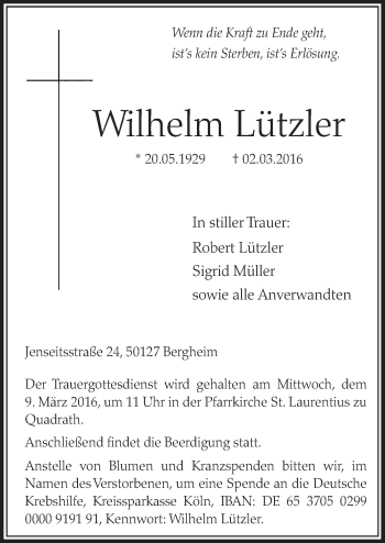 Anzeige von Wilhelm Lützler von  Sonntags-Post 