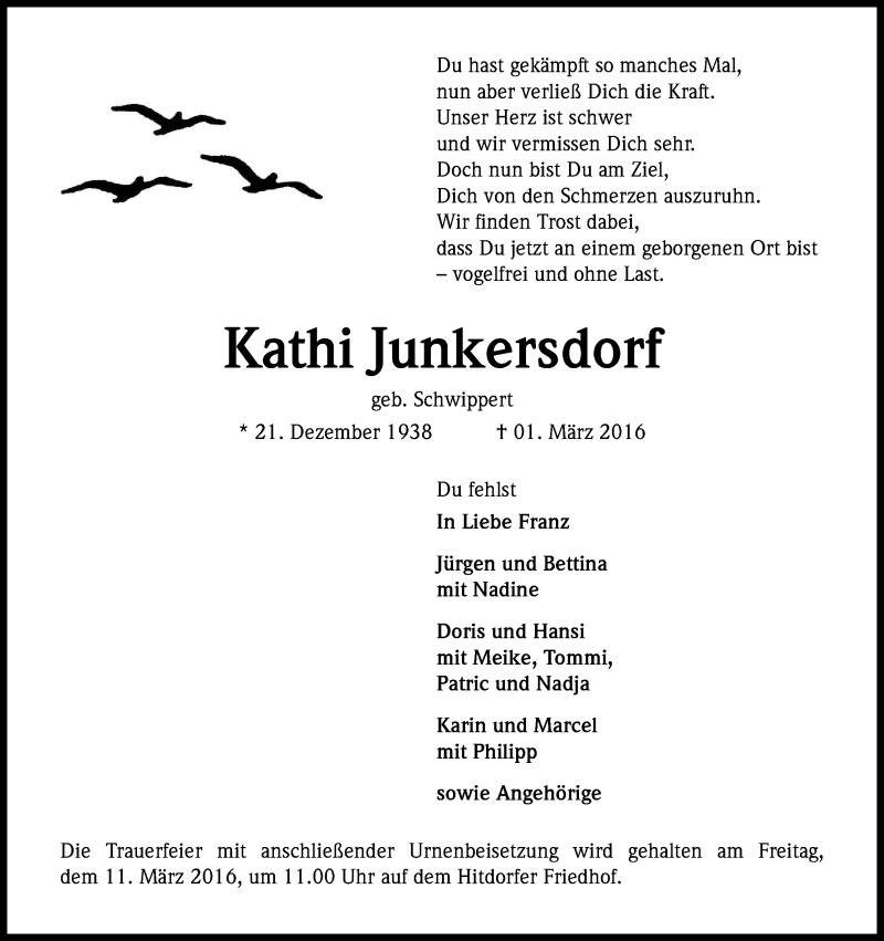  Traueranzeige für Kathi Junkersdorf vom 05.03.2016 aus Kölner Stadt-Anzeiger / Kölnische Rundschau / Express