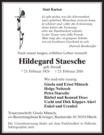 Anzeige von Hildegard Staesche von  Wochenende 