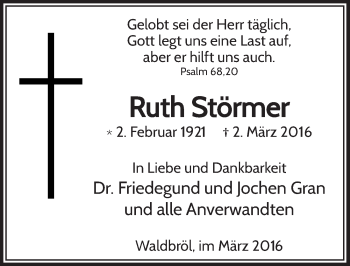 Anzeige von Ruth Störmer von  Lokalanzeiger 