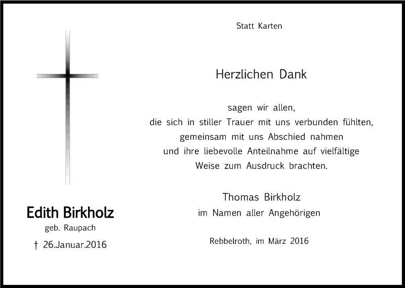 Traueranzeige für Edith Birkholz vom 19.03.2016 aus Kölner Stadt-Anzeiger / Kölnische Rundschau / Express