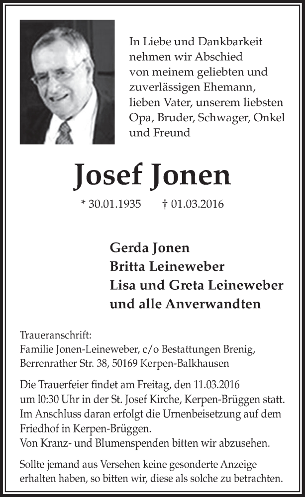  Traueranzeige für Josef Jonen vom 05.03.2016 aus  Sonntags-Post 