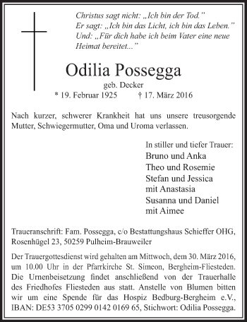 Anzeige von Odilia Possegga von  Sonntags-Post 