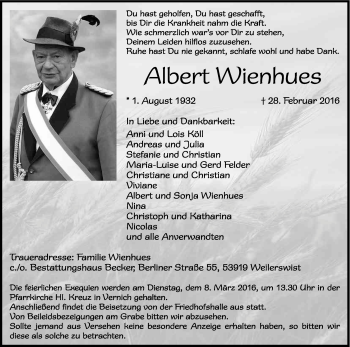 Anzeige von Albert Wienhues von Kölner Stadt-Anzeiger / Kölnische Rundschau / Express