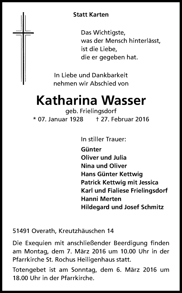  Traueranzeige für Katharina Wasser vom 02.03.2016 aus Kölner Stadt-Anzeiger / Kölnische Rundschau / Express