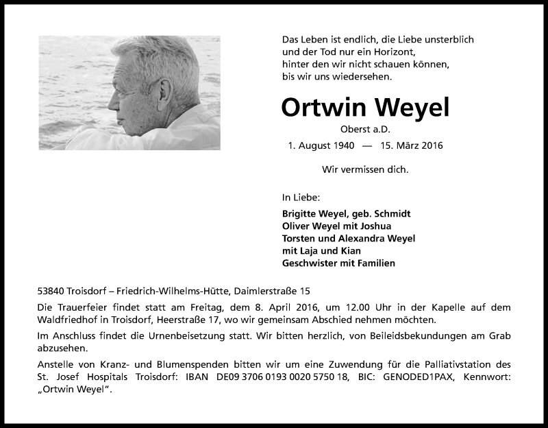  Traueranzeige für Ortwin Weyel vom 26.03.2016 aus Kölner Stadt-Anzeiger / Kölnische Rundschau / Express