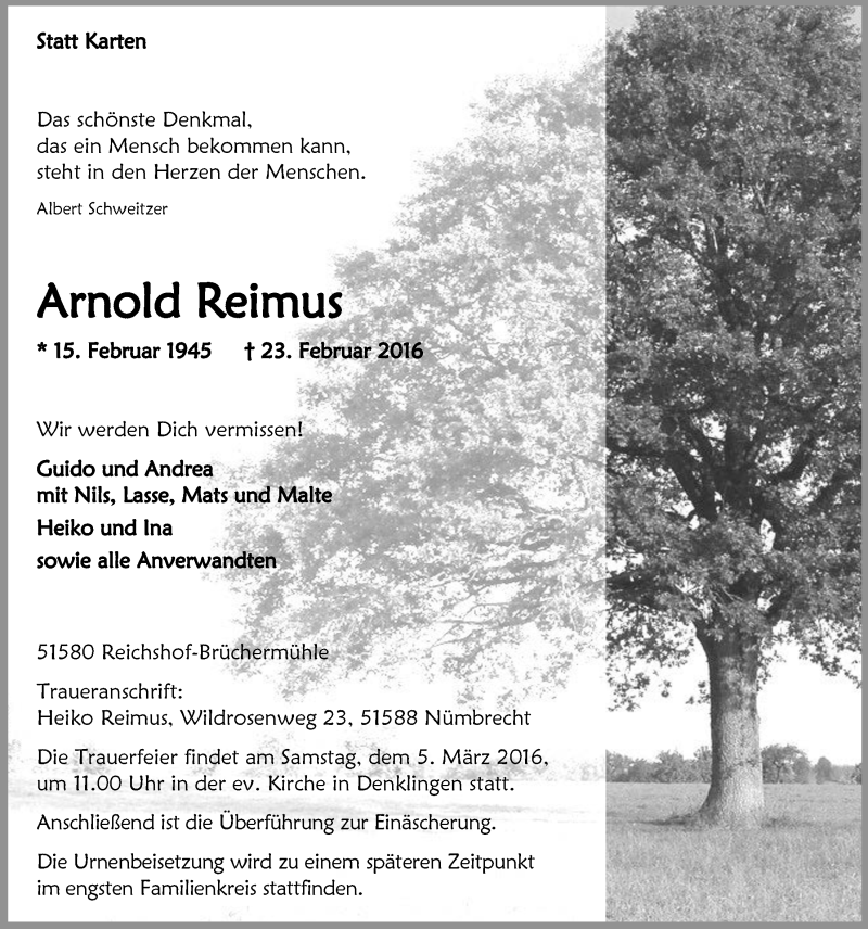  Traueranzeige für Arnold Reimus vom 02.03.2016 aus  Lokalanzeiger 