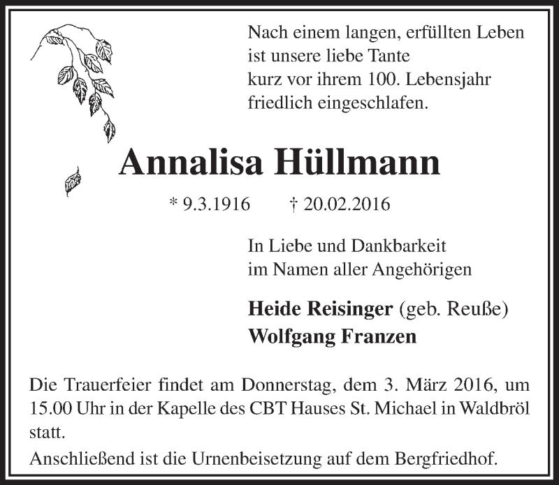  Traueranzeige für Annalisa Hüllmann vom 02.03.2016 aus  Lokalanzeiger 