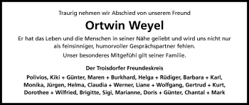Anzeige von Ortwin Weyel von Kölner Stadt-Anzeiger / Kölnische Rundschau / Express