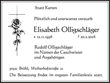 Anzeige von Elisabeth Olligschläger von  Schlossbote/Werbekurier 