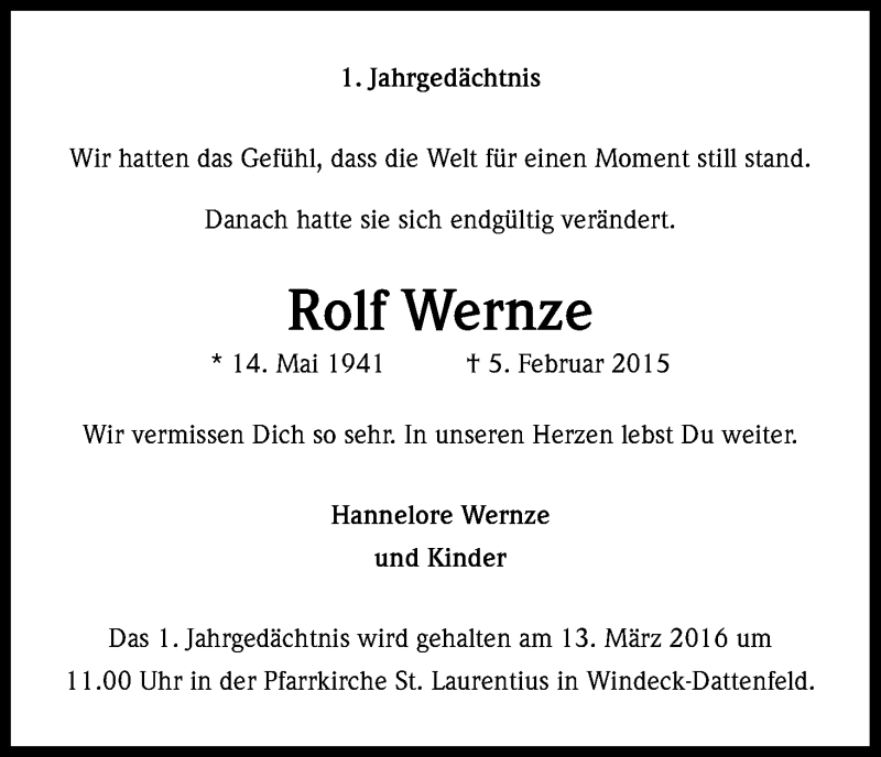  Traueranzeige für Rolf Wernze vom 12.03.2016 aus Kölner Stadt-Anzeiger / Kölnische Rundschau / Express