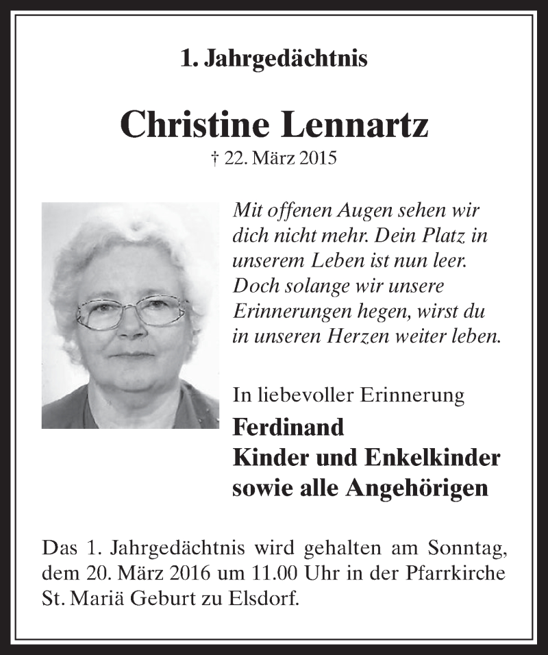  Traueranzeige für Christine Lennartz vom 16.03.2016 aus  Werbepost 