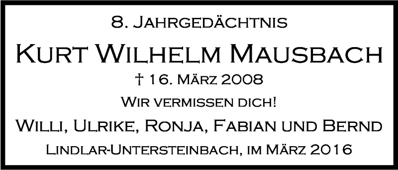  Traueranzeige für Kurt Wilhelm Mausbach vom 19.03.2016 aus Kölner Stadt-Anzeiger / Kölnische Rundschau / Express