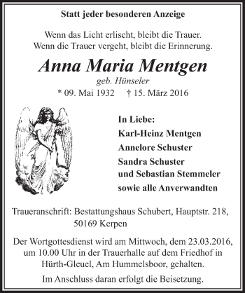 Anzeige von Anna Maria Mentgen von  Sonntags-Post 