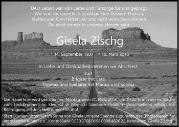 Anzeige von Gisela Zischg von Kölner Stadt-Anzeiger / Kölnische Rundschau / Express
