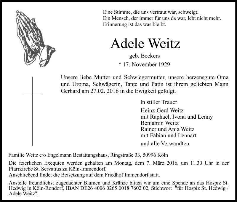  Traueranzeige für Adele Weitz vom 02.03.2016 aus Kölner Stadt-Anzeiger / Kölnische Rundschau / Express