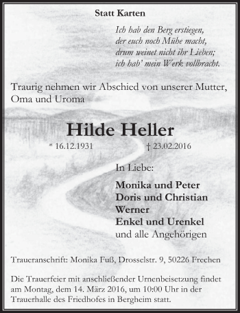 Anzeige von Hilde Heller von  Werbepost 