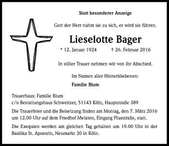 Anzeige von Lieselotte Bager von Kölner Stadt-Anzeiger / Kölnische Rundschau / Express