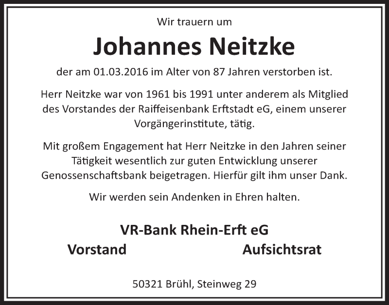  Traueranzeige für Johannes Neitzke vom 16.03.2016 aus  Werbepost 