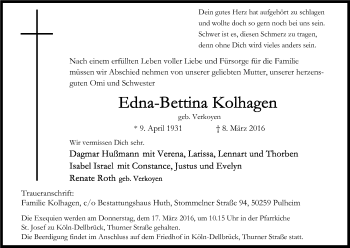 Anzeige von Edna-Bettina Kolhagen von Kölner Stadt-Anzeiger / Kölnische Rundschau / Express