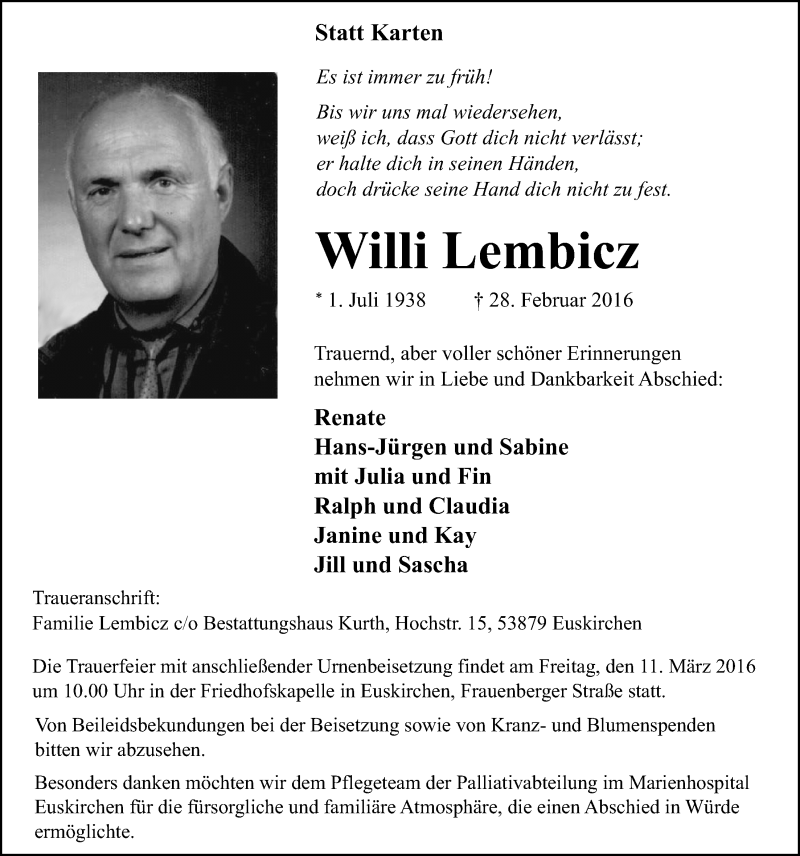  Traueranzeige für Willi Lembicz vom 06.03.2016 aus  Blickpunkt Euskirchen 